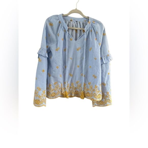 Very J boutique, blue and white striped blouse with yellow tassels size medium - Picture 2 of 9